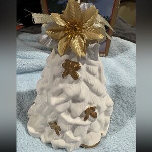 JC Penney World Bazaars White Gold Trim Ceramic Christmas Tree Figurine Vintage